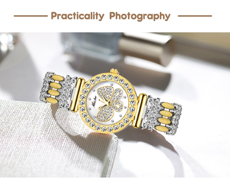 MISSFOX Butterfly Women Watches Luxury Brand Big Diamond 18K Gold Watch Waterproof Special Bracelet Expensive Ladies Wrist Watch