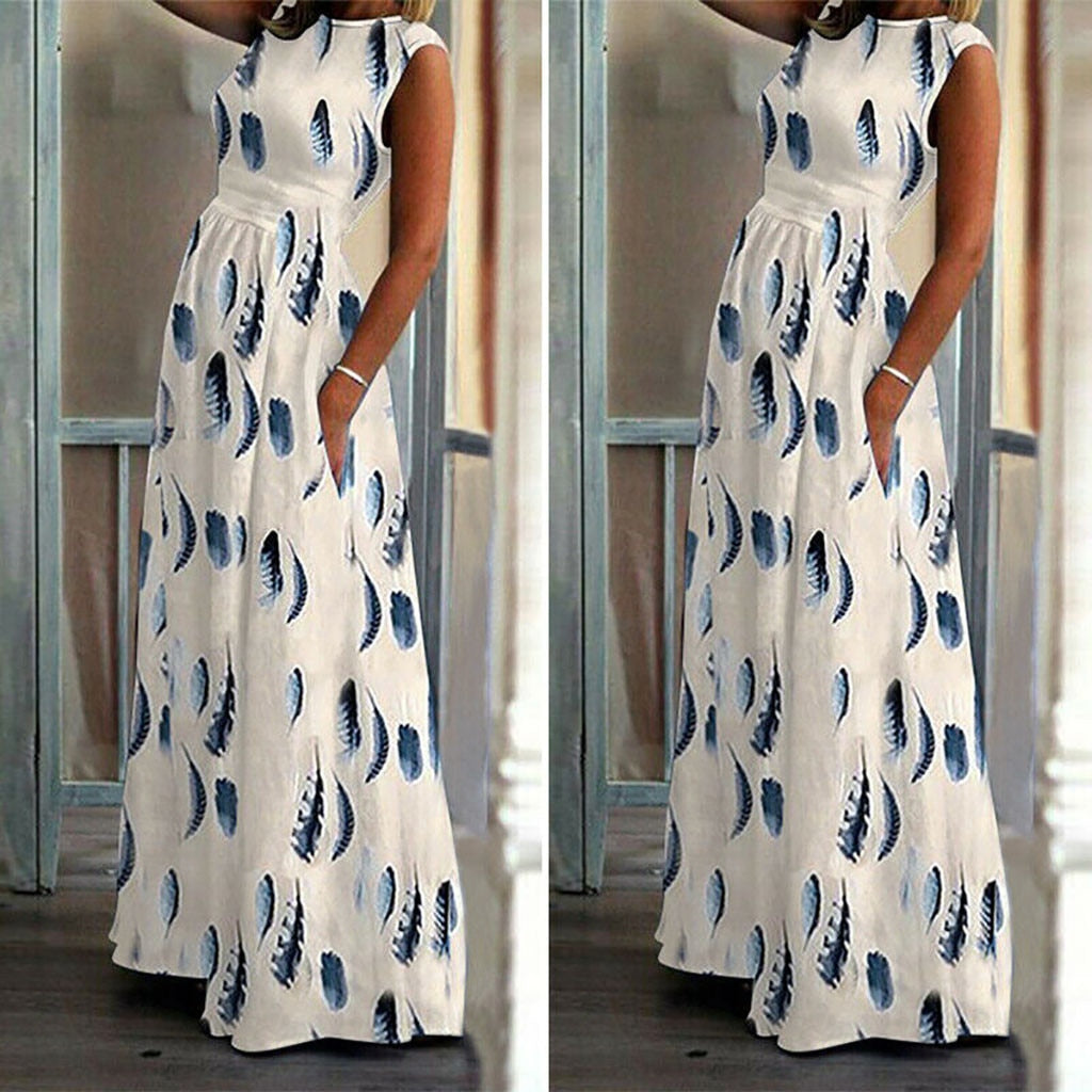 Autumn New Fashion Women's Ladies Feather Print Sleeveless Pocket Ankle Length Dress Long Maxi Dress Wholesale Free Ship Z4