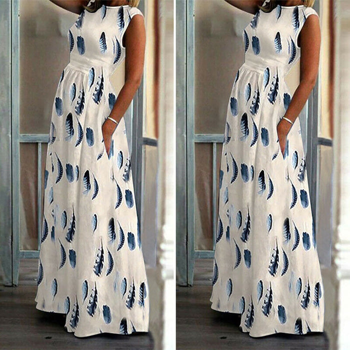 Autumn New Fashion Women's Ladies Feather Print Sleeveless Pocket Ankle Length Dress Long Maxi Dress Wholesale Free Ship Z4