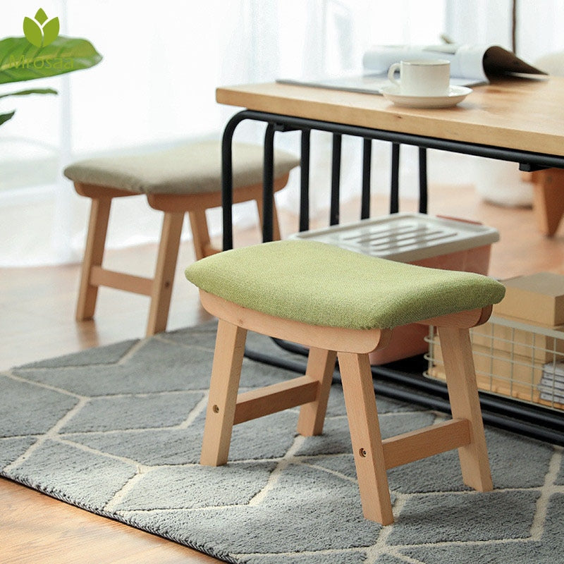 Solid Wood Stool Home Furniture Door Change Shoe Stool Nordic Fabric Soft Surface Ottoman Coffee Table Stool For Living Room Kid