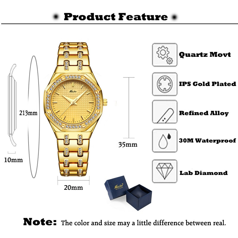 MISSFOX Fashion Watches Women's Expensive 18K Gold Ladies Wrist Watch Women Quartz Classic Analog Diamond Jewelry Hand Watch
