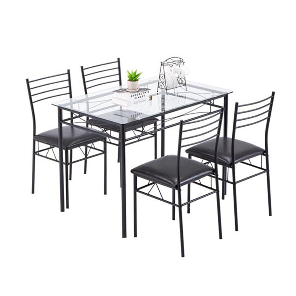 [110 x 70 x 76cm] Iron Glass Dining Table and Chairs Black One Table and Four Chairs PU Cushion Kitchen Furniture