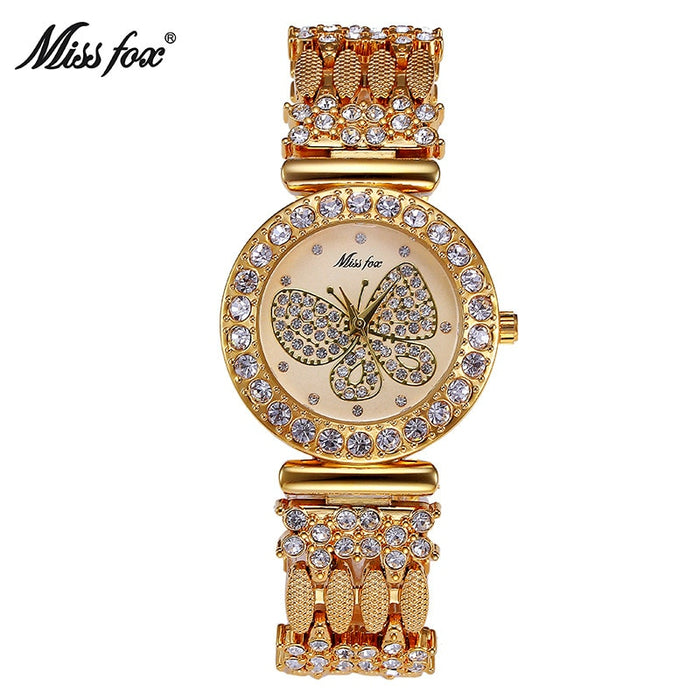 MISSFOX Butterfly Women Watches Luxury Brand Big Diamond 18K Gold Watch Waterproof Special Bracelet Expensive Ladies Wrist Watch