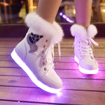 Winter Girl Luminous Shoes LED Shoes Plush Rabbit Snow Boots Plus Cotton Luminous Dance Shoes Kids Boots Girls Lace Up Boots
