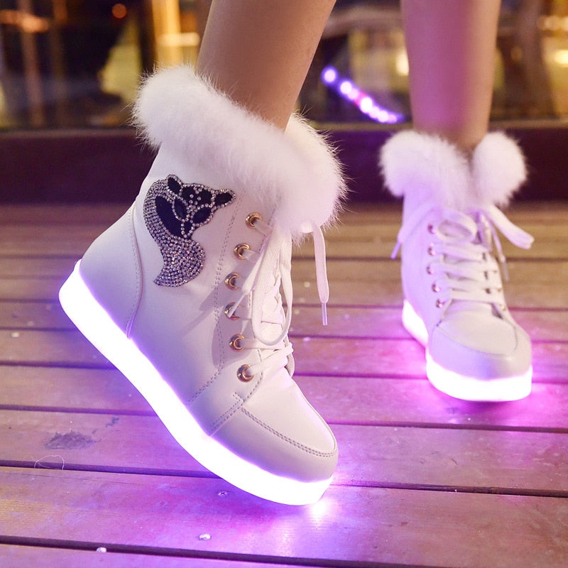 Winter Girl Luminous Shoes LED Shoes Plush Rabbit Snow Boots Plus Cotton Luminous Dance Shoes Kids Boots Girls Lace Up Boots
