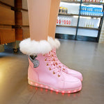 Winter Girl Luminous Shoes LED Shoes Plush Rabbit Snow Boots Plus Cotton Luminous Dance Shoes Kids Boots Girls Lace Up Boots