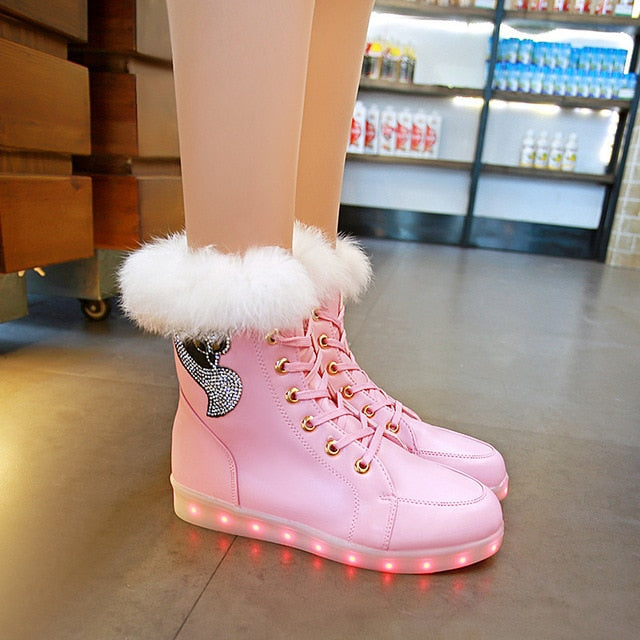 Winter Girl Luminous Shoes LED Shoes Plush Rabbit Snow Boots Plus Cotton Luminous Dance Shoes Kids Boots Girls Lace Up Boots