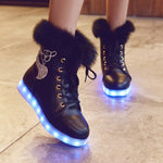 Winter Girl Luminous Shoes LED Shoes Plush Rabbit Snow Boots Plus Cotton Luminous Dance Shoes Kids Boots Girls Lace Up Boots