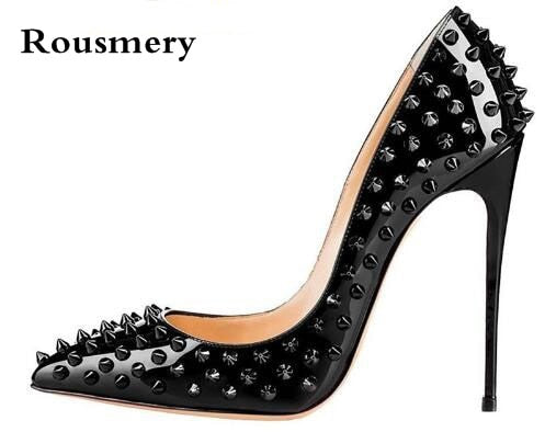 New Shoes Spike Heels Black Patent Leather Stiletto Pumps Shoes Rivets Studs Lady Thin High Heels Shoes Party Dress Shoes Woman