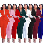 Women Sexy V Neck Tops and Skinny Pants Set 2 Two Piece Set Elegant Office Ladies Workwear Outfits Casual Tracksuit Plus Size