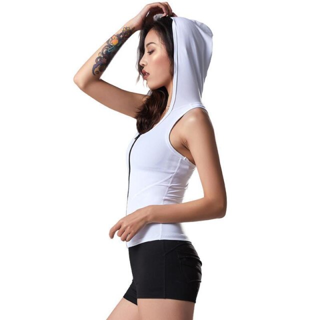 Zhangyunuo Women Sexy Sports Vest Hooded Sleeveless Yoga Top Stretch Tights I-word Running Blouse Workout Wear Gym Girl T Shirt