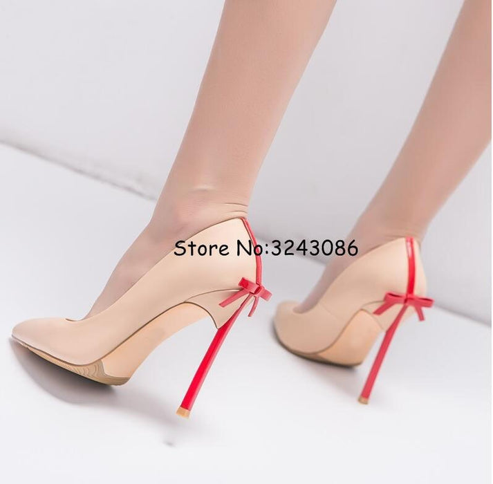 Pointy Toe Matte Leather Blade Heels Lady Dress Shoes Bowtie Back Sexy Matte Leather High Heels Butterfly-knot Fashion Pumps