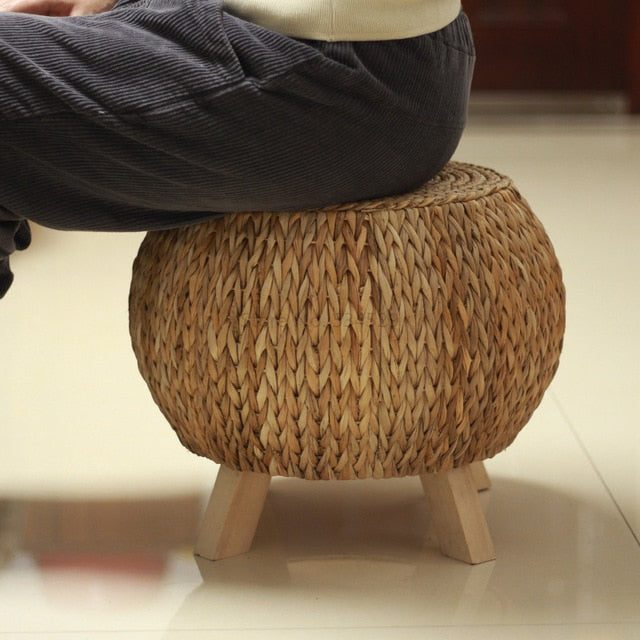 38%Solid Wood Hand Made Low Rattan Shoes Stool Footrest Small Round Stool with Legs Living Room Furniture Home Ottoman Rural