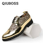 Mens Dress Shoes Golden glitter Brogue Formal Shoes Men Elegant Patent Leather Flats Oxford Footwear Lace Up Pointed