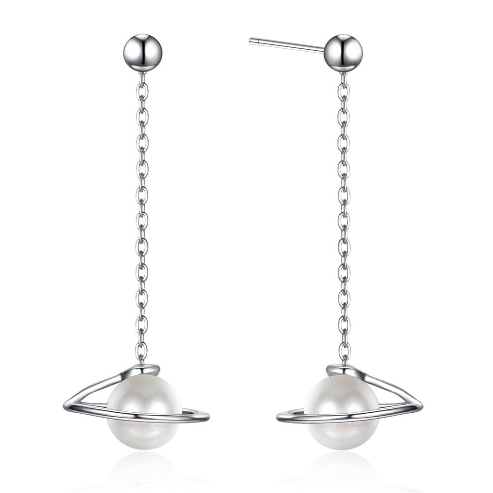 Elegant Women 925 Sterling Silver Pearl Earrings Fashion S925 Long Chain Rotate Celestial Shape Drop Earrings Lady Party Jewerly