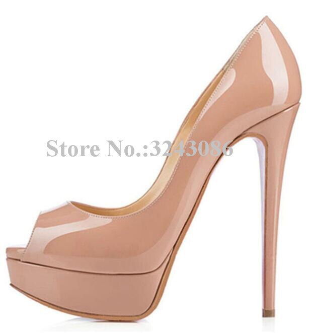 Classical Peep Toe Patent Leather Nude Color Platform Shoes Woman 14cm Heel Thin Heel Ladies Dress Shoes Sexy Stiletto High Heel