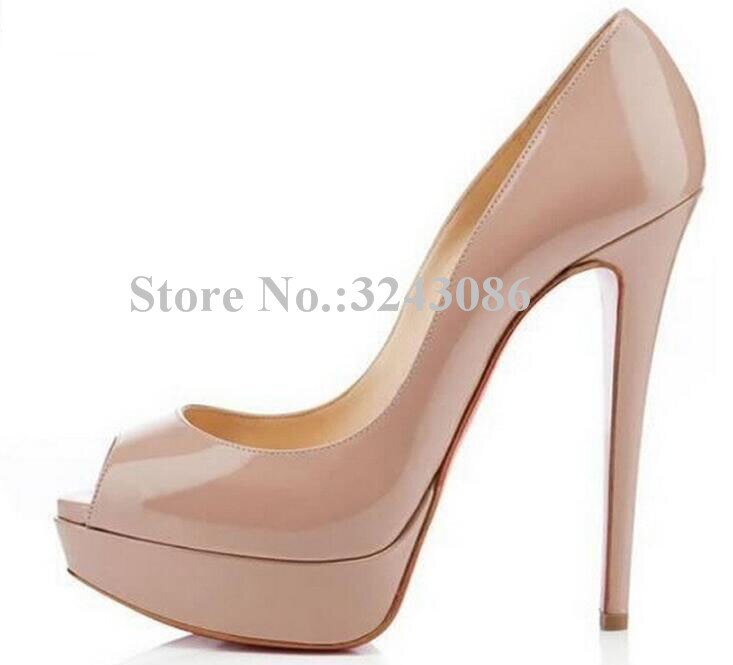 Classical Peep Toe Patent Leather Nude Color Platform Shoes Woman 14cm Heel Thin Heel Ladies Dress Shoes Sexy Stiletto High Heel