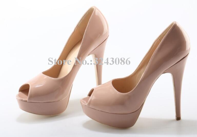 Classical Peep Toe Patent Leather Nude Color Platform Shoes Woman 14cm Heel Thin Heel Ladies Dress Shoes Sexy Stiletto High Heel