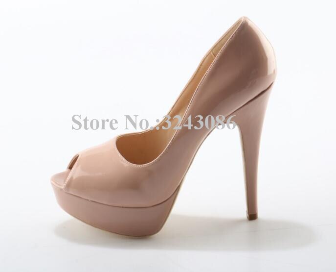 Classical Peep Toe Patent Leather Nude Color Platform Shoes Woman 14cm Heel Thin Heel Ladies Dress Shoes Sexy Stiletto High Heel