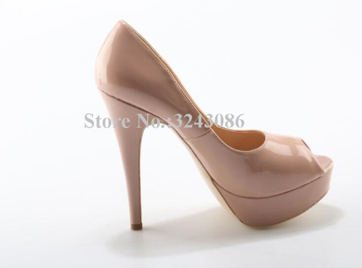 Classical Peep Toe Patent Leather Nude Color Platform Shoes Woman 14cm Heel Thin Heel Ladies Dress Shoes Sexy Stiletto High Heel