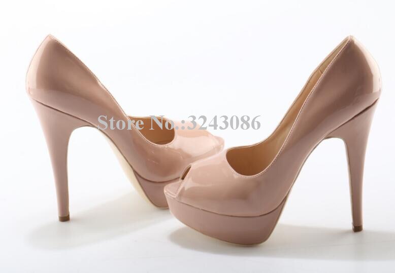 Classical Peep Toe Patent Leather Nude Color Platform Shoes Woman 14cm Heel Thin Heel Ladies Dress Shoes Sexy Stiletto High Heel