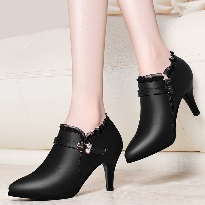 Plus Size Women Pumps Rhinestone Buckle Boat Shoes Genuine Leather Dress Shoes Pointed Toe Ladies Office Shoes YG-B0005