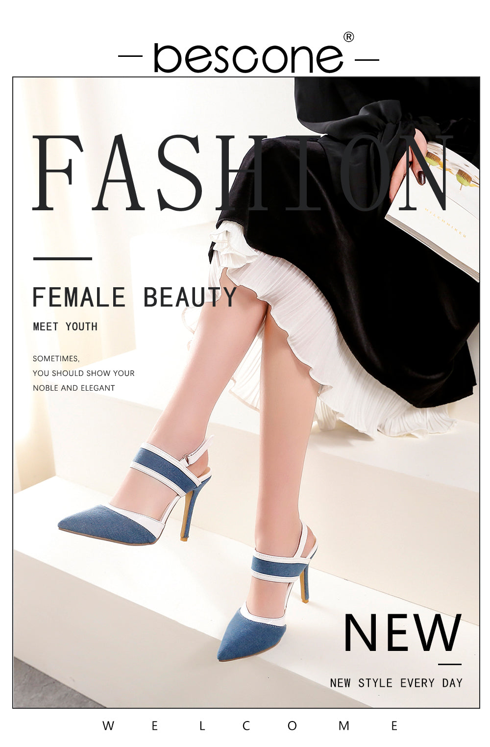 BESCONE Women Pumps Sexy Pointed Toe Buckle Breathable Thin Heel Shoes Handmade Shallow Super High Heel Dress Ladies Pumps BM97