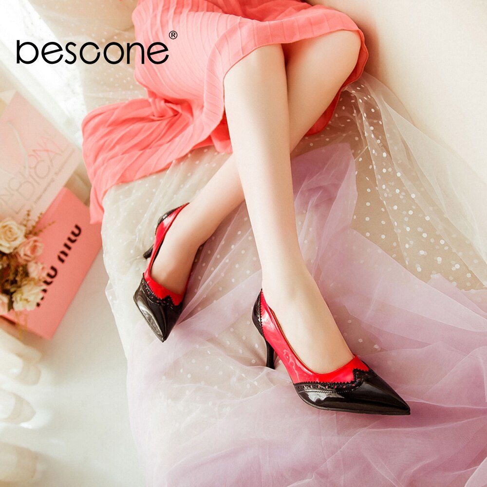 BESCONE Sexy Pointed Toe Ladies Pumps High Quality Patent Leather Shallow Thin Heel Shoes New Fashion Dress Women Pumps BM297