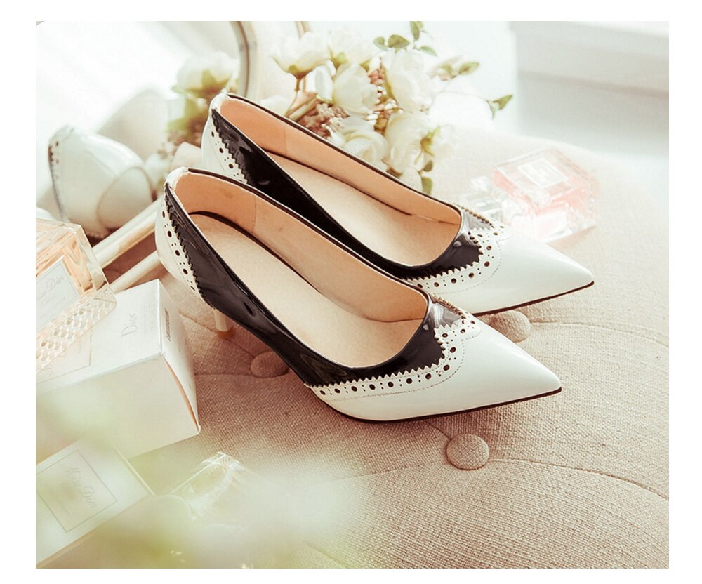 BESCONE Sexy Pointed Toe Ladies Pumps High Quality Patent Leather Shallow Thin Heel Shoes New Fashion Dress Women Pumps BM297