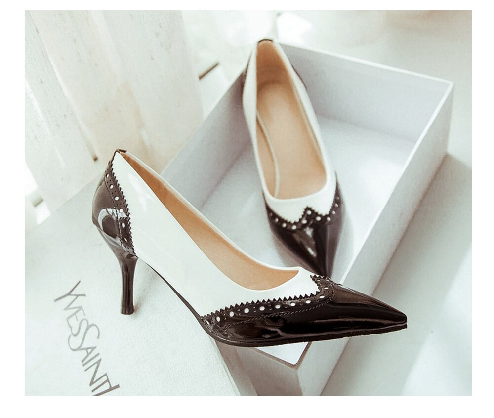 BESCONE Sexy Pointed Toe Ladies Pumps High Quality Patent Leather Shallow Thin Heel Shoes New Fashion Dress Women Pumps BM297