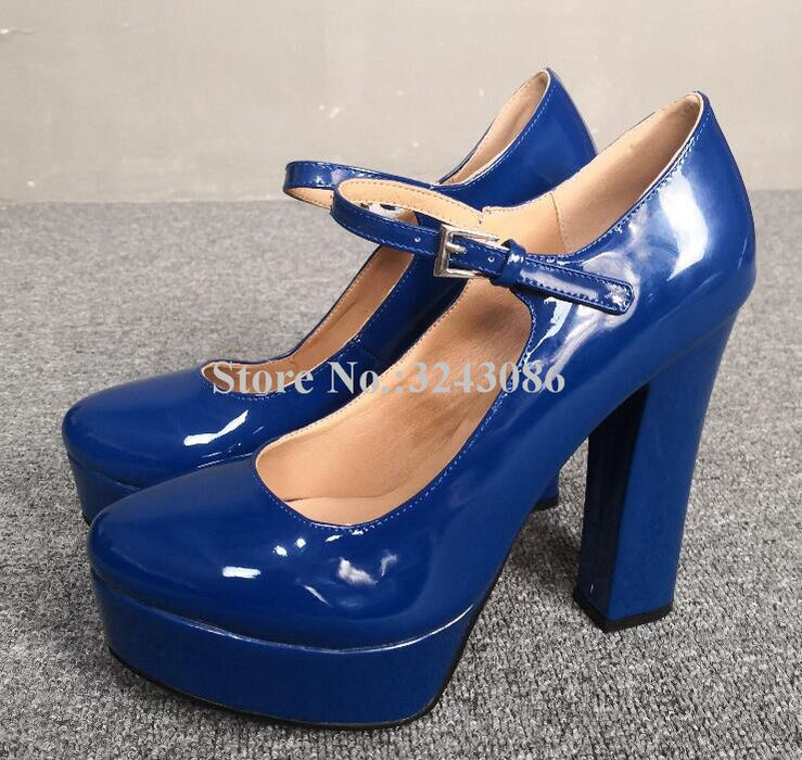 Fashion Blue Patent Leather Platform Pumps Lady New Ankle Buckle Chunky Heel Dress Shoes Woman Real Photos High Heels Dropship