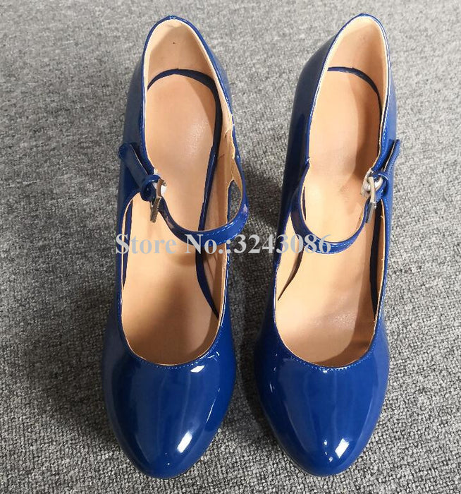 Fashion Blue Patent Leather Platform Pumps Lady New Ankle Buckle Chunky Heel Dress Shoes Woman Real Photos High Heels Dropship