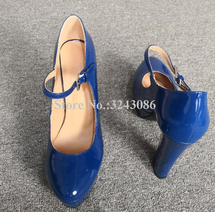 Fashion Blue Patent Leather Platform Pumps Lady New Ankle Buckle Chunky Heel Dress Shoes Woman Real Photos High Heels Dropship