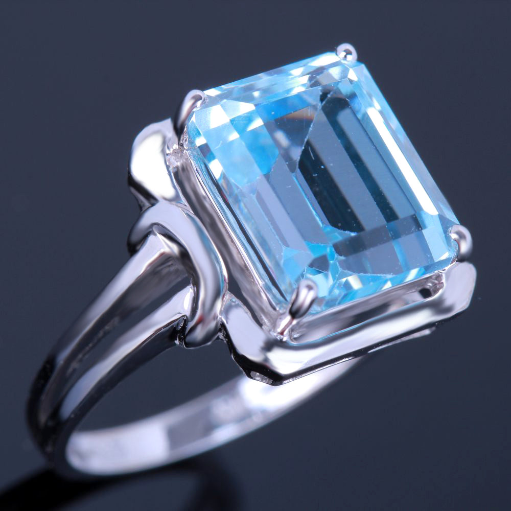 Fine Jewerly Real 925 Sterling Silver Flawless 10.5x8.5mm Emerald Cut 6.03CTW Genuine Sky Blue Topaz Ring Wedding Lady Fine Ring