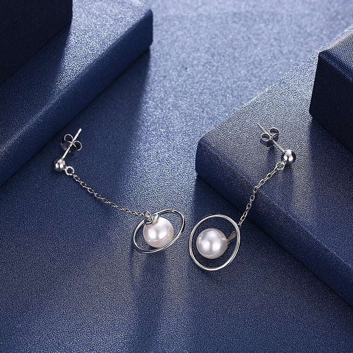 Elegant Women 925 Sterling Silver Pearl Earrings Fashion S925 Long Chain Rotate Celestial Shape Drop Earrings Lady Party Jewerly