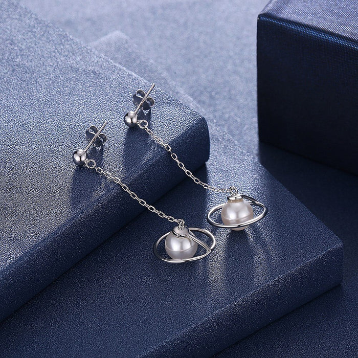 Elegant Women 925 Sterling Silver Pearl Earrings Fashion S925 Long Chain Rotate Celestial Shape Drop Earrings Lady Party Jewerly