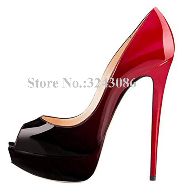 Classical Peep Toe Patent Leather Nude Color Platform Shoes Woman 14cm Heel Thin Heel Ladies Dress Shoes Sexy Stiletto High Heel