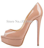 Classical Peep Toe Patent Leather Nude Color Platform Shoes Woman 14cm Heel Thin Heel Ladies Dress Shoes Sexy Stiletto High Heel
