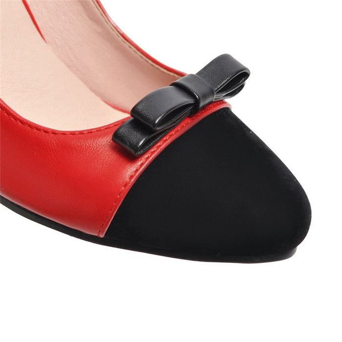 2020 Bowtie Women Pumps Red Black Patchwork High Square Chunky Heels Casual Office Dress Slip-on Ladies Slip-on Shoes Plus Size