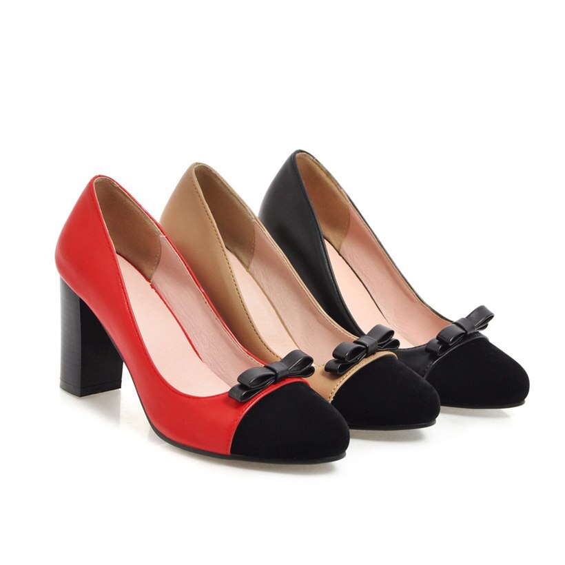 2020 Bowtie Women Pumps Red Black Patchwork High Square Chunky Heels Casual Office Dress Slip-on Ladies Slip-on Shoes Plus Size