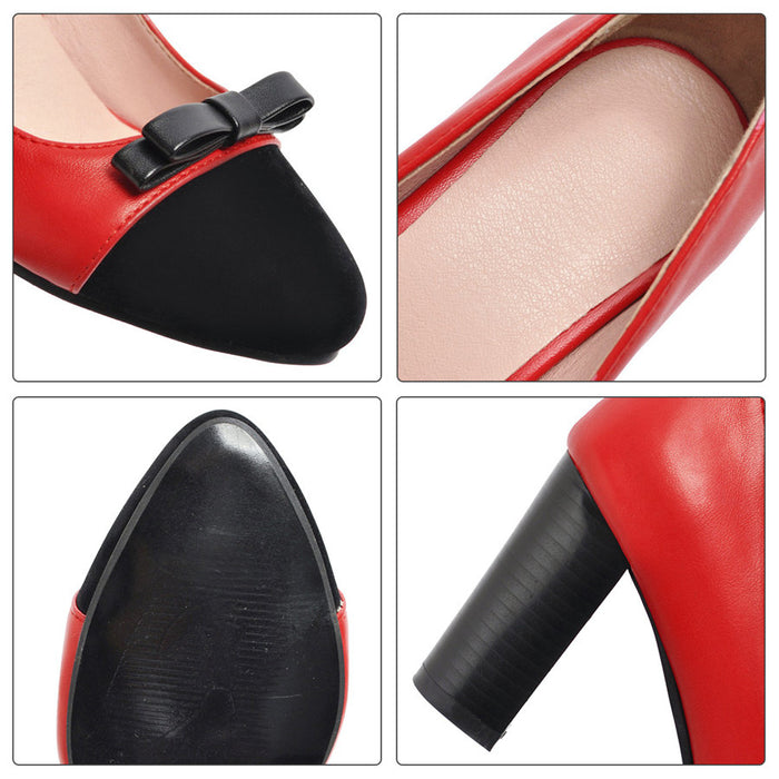 2020 Bowtie Women Pumps Red Black Patchwork High Square Chunky Heels Casual Office Dress Slip-on Ladies Slip-on Shoes Plus Size