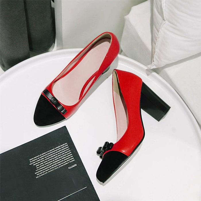 2020 Bowtie Women Pumps Red Black Patchwork High Square Chunky Heels Casual Office Dress Slip-on Ladies Slip-on Shoes Plus Size