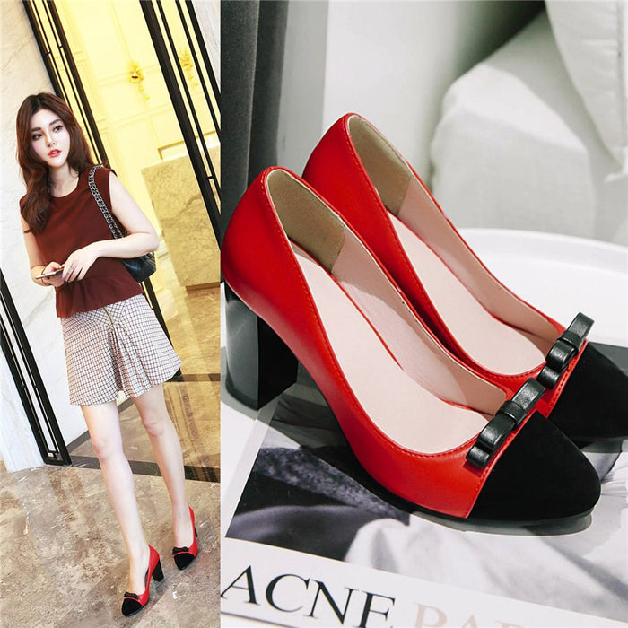 2020 Bowtie Women Pumps Red Black Patchwork High Square Chunky Heels Casual Office Dress Slip-on Ladies Slip-on Shoes Plus Size