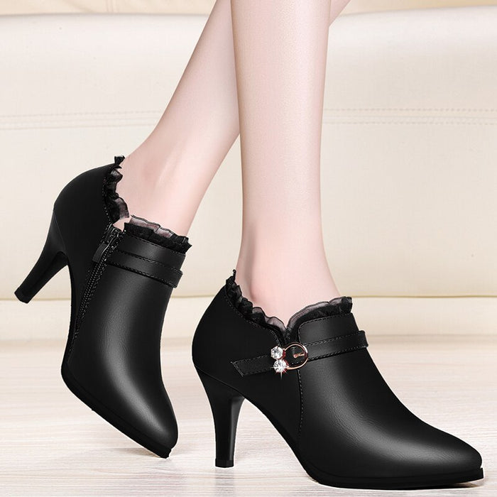 Plus Size Women Pumps Rhinestone Buckle Boat Shoes Genuine Leather Dress Shoes Pointed Toe Ladies Office Shoes YG-B0005