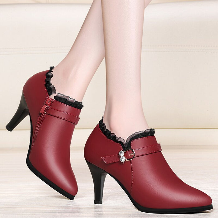 Plus Size Women Pumps Rhinestone Buckle Boat Shoes Genuine Leather Dress Shoes Pointed Toe Ladies Office Shoes YG-B0005