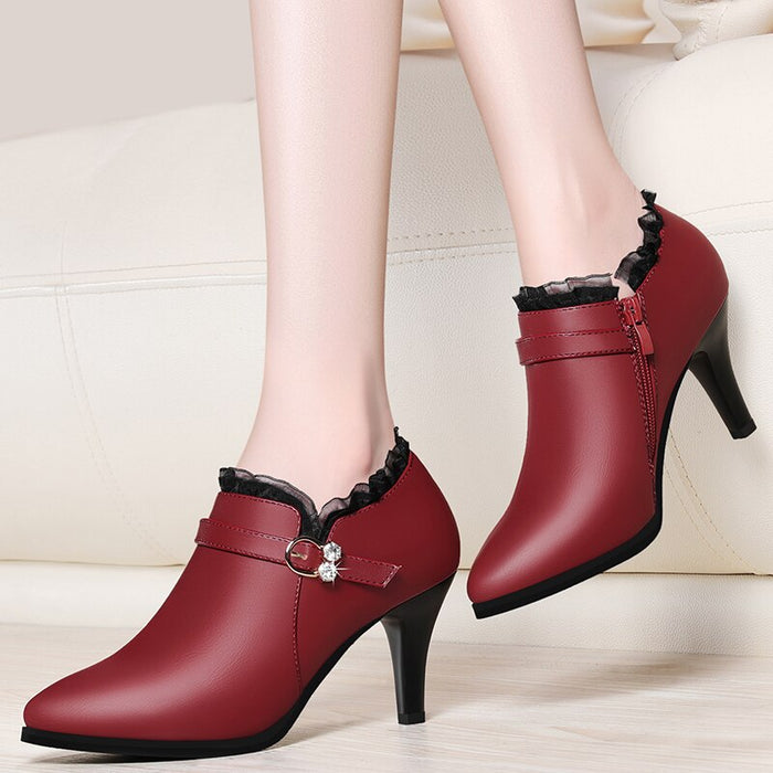 Plus Size Women Pumps Rhinestone Buckle Boat Shoes Genuine Leather Dress Shoes Pointed Toe Ladies Office Shoes YG-B0005