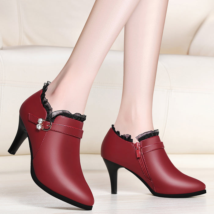 Plus Size Women Pumps Rhinestone Buckle Boat Shoes Genuine Leather Dress Shoes Pointed Toe Ladies Office Shoes YG-B0005