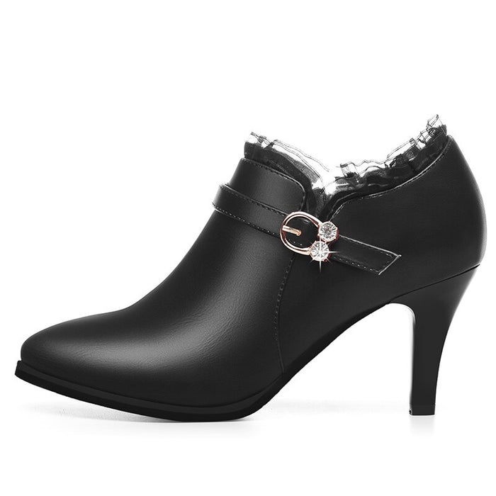 Plus Size Women Pumps Rhinestone Buckle Boat Shoes Genuine Leather Dress Shoes Pointed Toe Ladies Office Shoes YG-B0005