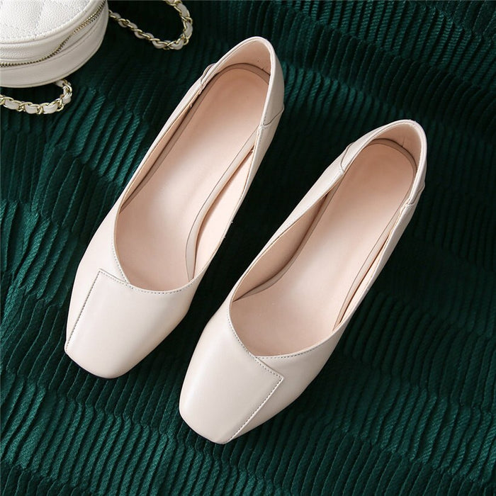 2020 New Women Pumps  Square Toe 5.5cm High Hoof Block Heel Black Beige Sewing PU Mules Casual Dress Office Ladies Slip-on Shoes