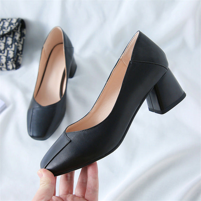 2020 New Women Pumps  Square Toe 5.5cm High Hoof Block Heel Black Beige Sewing PU Mules Casual Dress Office Ladies Slip-on Shoes